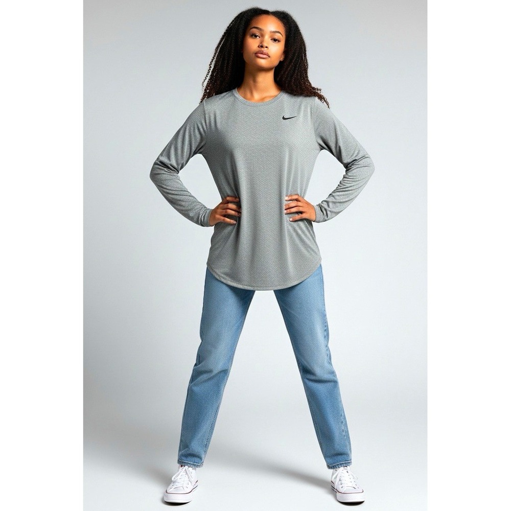 Nike Dri-FIT Womens Solid Gray Long Sleeve Crew Neck T-Shirt XL RN56323